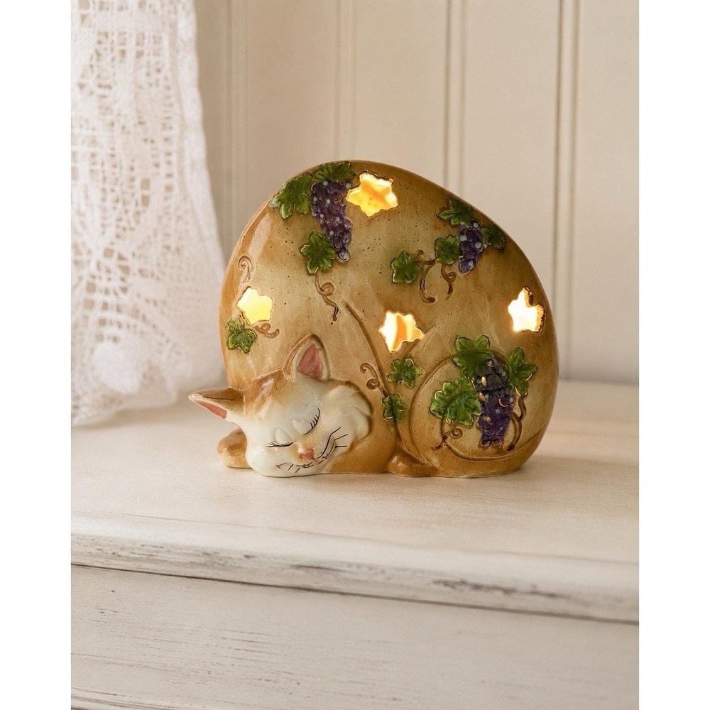 Whimsical Sleeping Cat Ceramic Electric Nightlight Tealight Holder